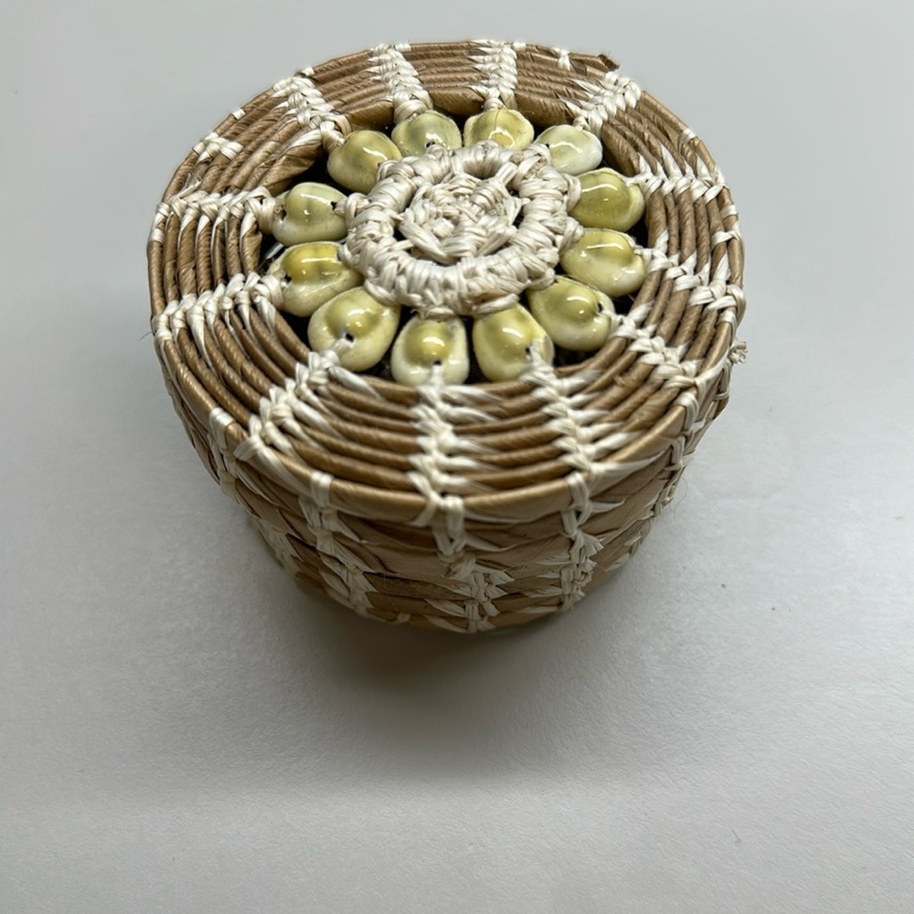 Woven Basket with Cowrie Shell Beaded Flower Lid